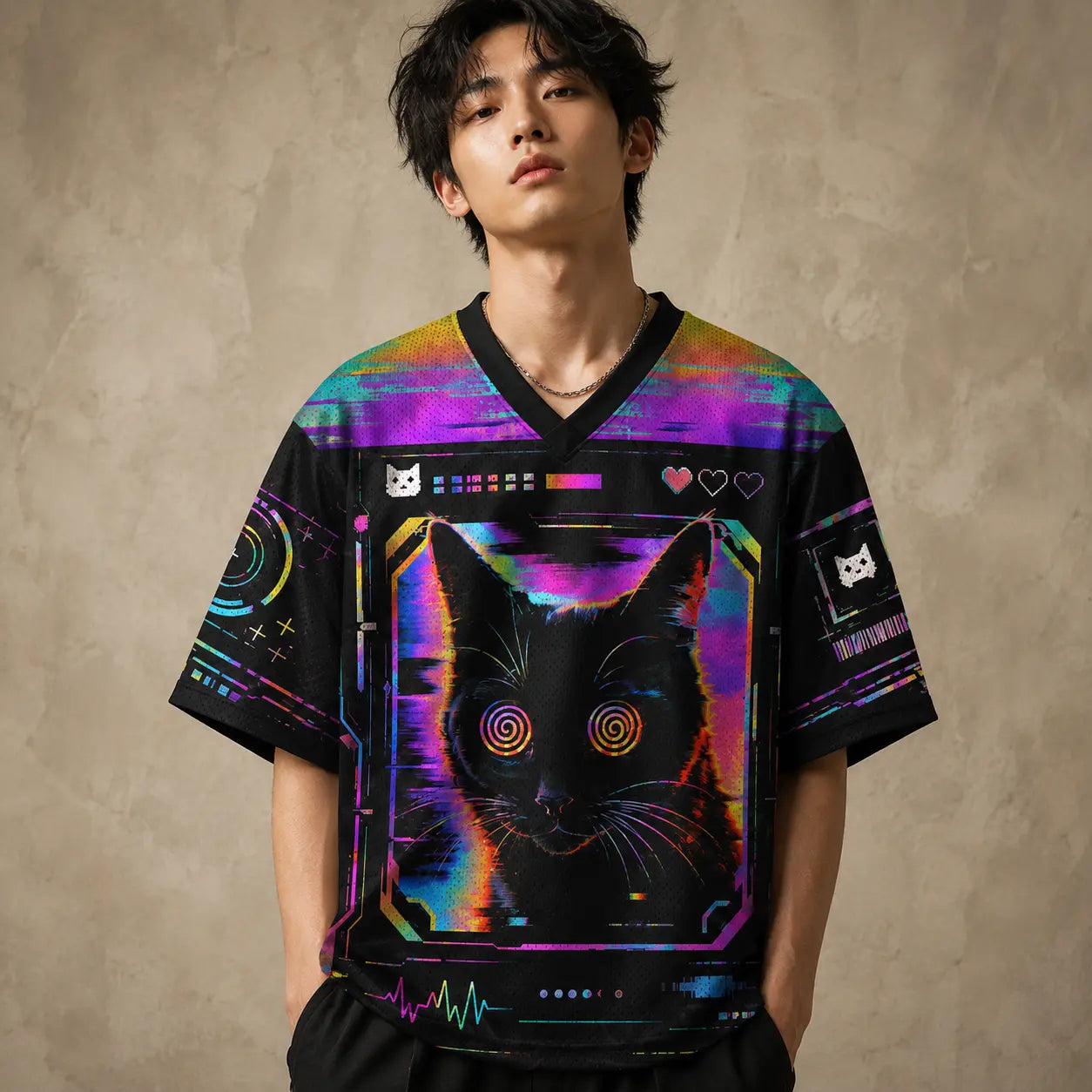 Glitch Cat EXE Cyber Neon Jersey Shirt System Error 420 Chaosbornwear