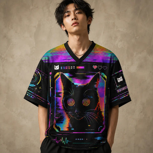 Glitch Cat EXE Cyber Neon Jersey Shirt System Error 420 Chaosbornwear