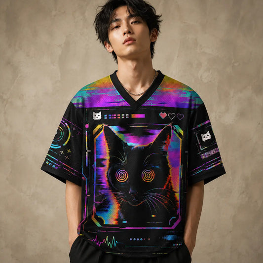 Glitch Cat EXE Cyber Neon Jersey Shirt System Error 420 Chaosbornwear