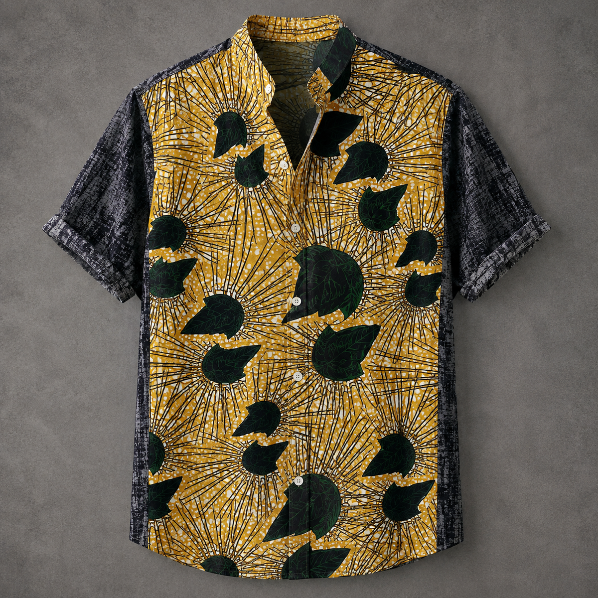 Golden Web Botanical Shirt, Black Leaf Button Up, Mens Pattern Shirt, Vintage Summer Festival Holiday Shirt