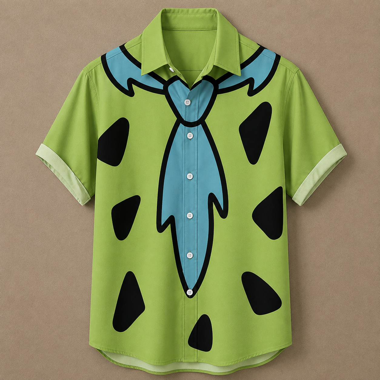 A short-sleeve button-up shirt in bright lime green, printed with a cartoon tie design in light blue and black spots, shown flat against a solid tan background.