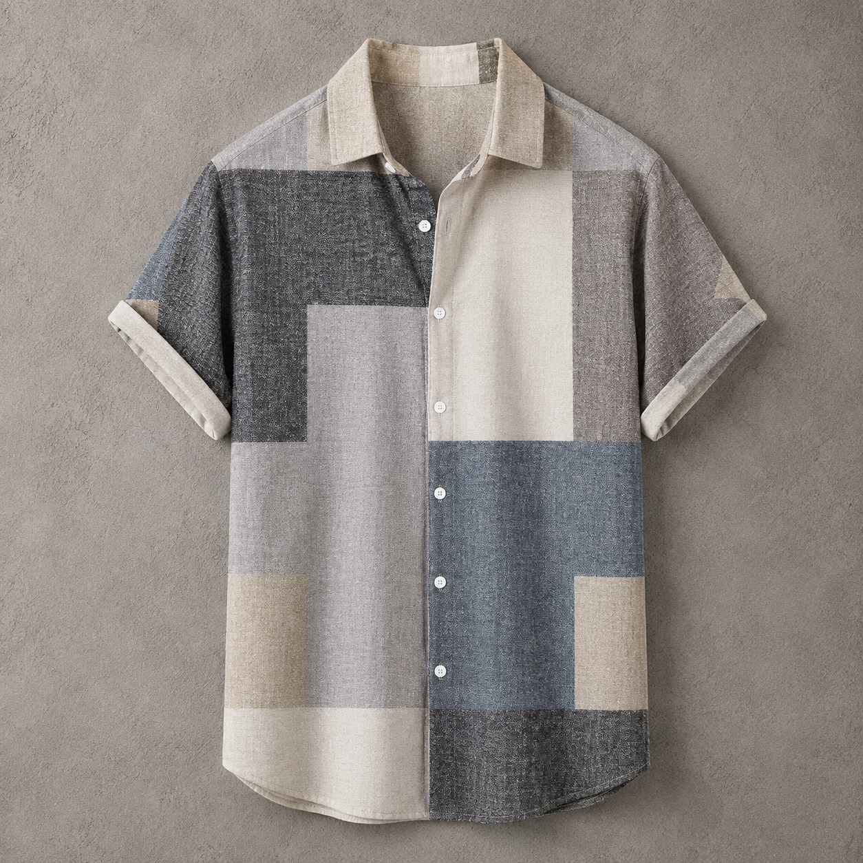 A short-sleeve button-up shirt with a geometric patchwork pattern in beige, gray, and slate blue, laid flat against a textured gray background.