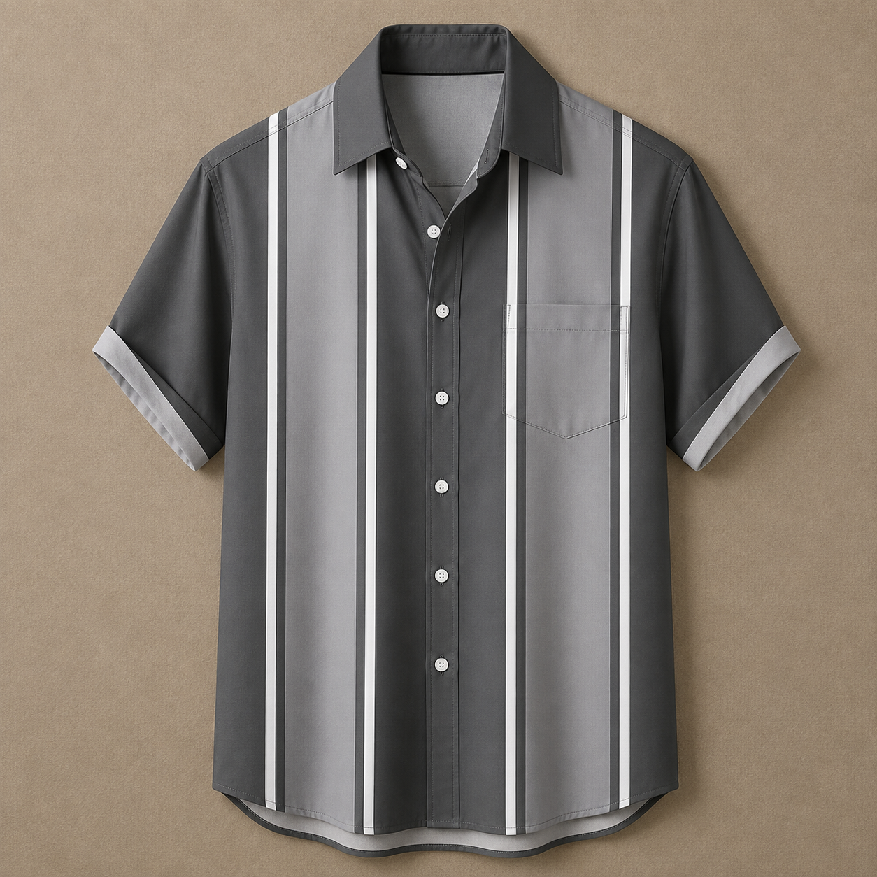 A short-sleeve button-up shirt in shades of gray with vertical white stripes, displayed against a textured tan background.