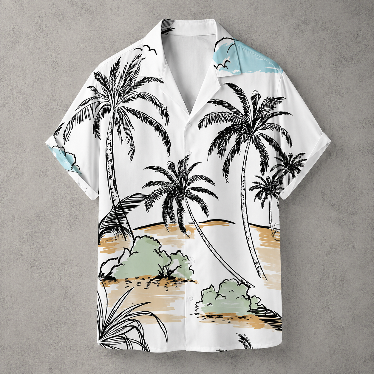 A white short-sleeve button-up Hawaiian shirt with a black and beige palm tree beach print, featuring light blue water details and green shrubs, displayed flat against a textured gray background.