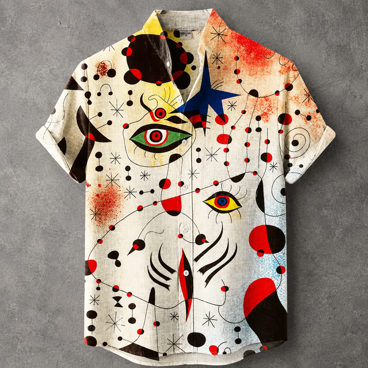 A short-sleeve button-up shirt laid flat on a textured gray background, featuring an abstract, surreal art print with eyes, stars, circles, and red splatter motifs on a cream base.
