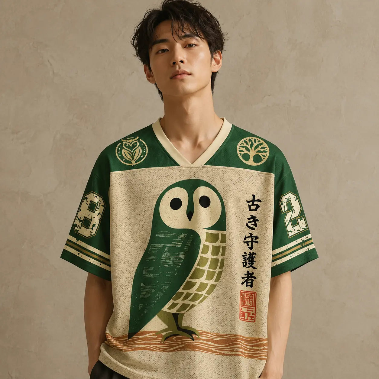 Japan Ancient Guardian Owl Kanji Jersey Shirt Forest 28 Chaosbornwear
