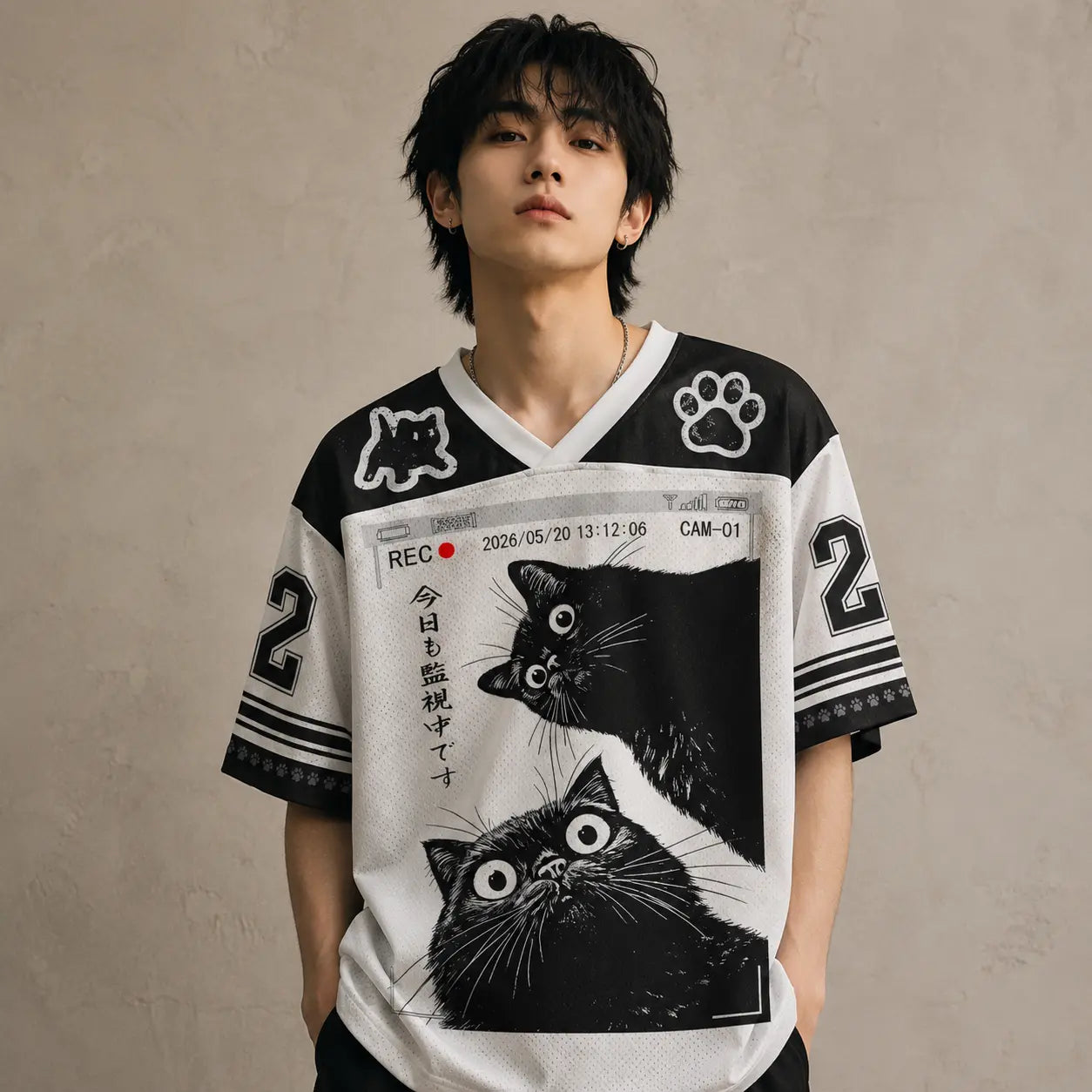 Japan CCTV Surveillance Cat Kanji Jersey Shirt REC 02 Chaosbornwear
