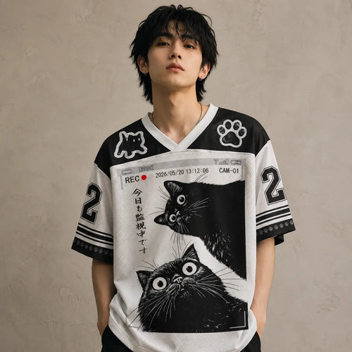 Japan CCTV Surveillance Cat Kanji Jersey Shirt REC 02 Chaosbornwear