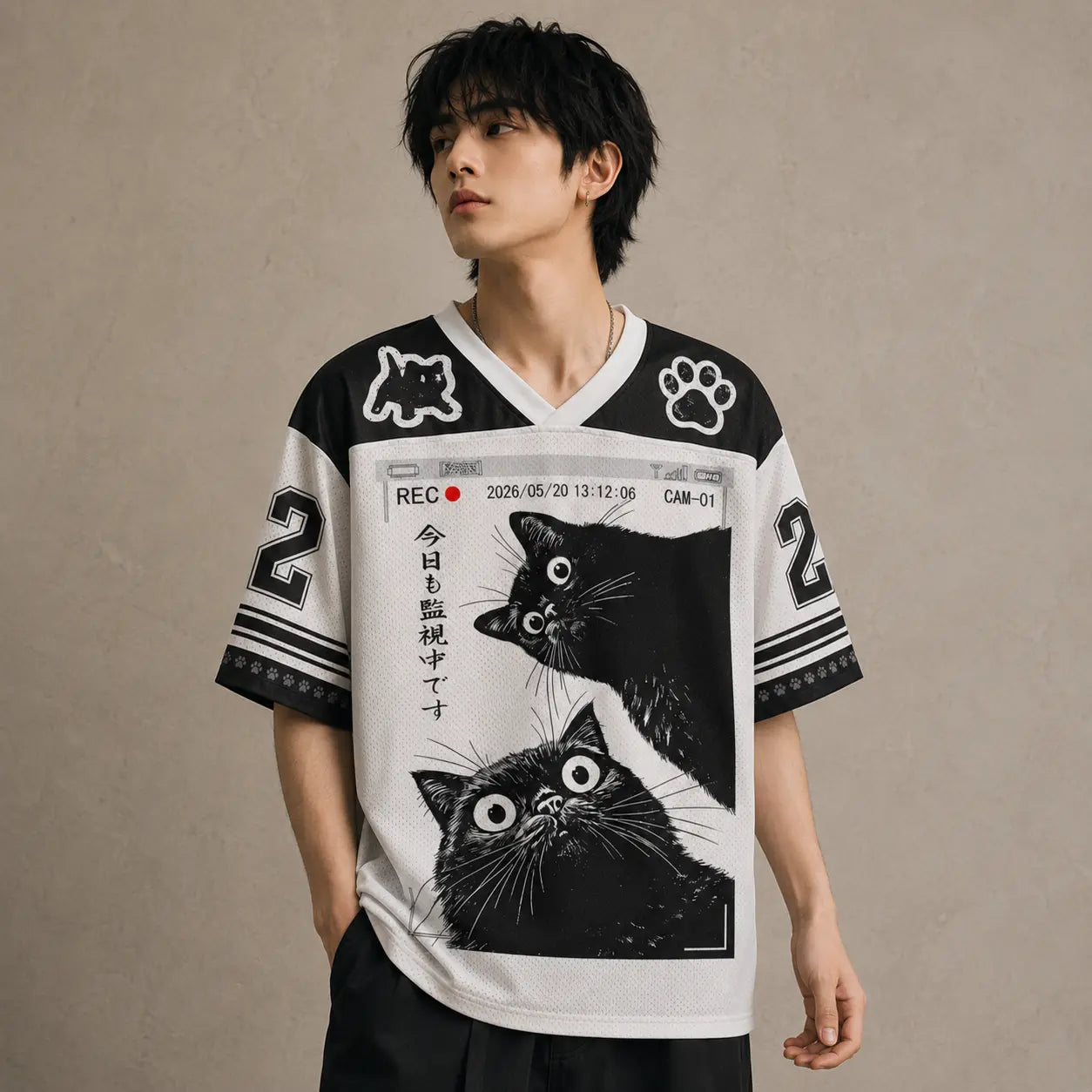 Japan CCTV Surveillance Cat Kanji Jersey Shirt REC 02 Chaosbornwear