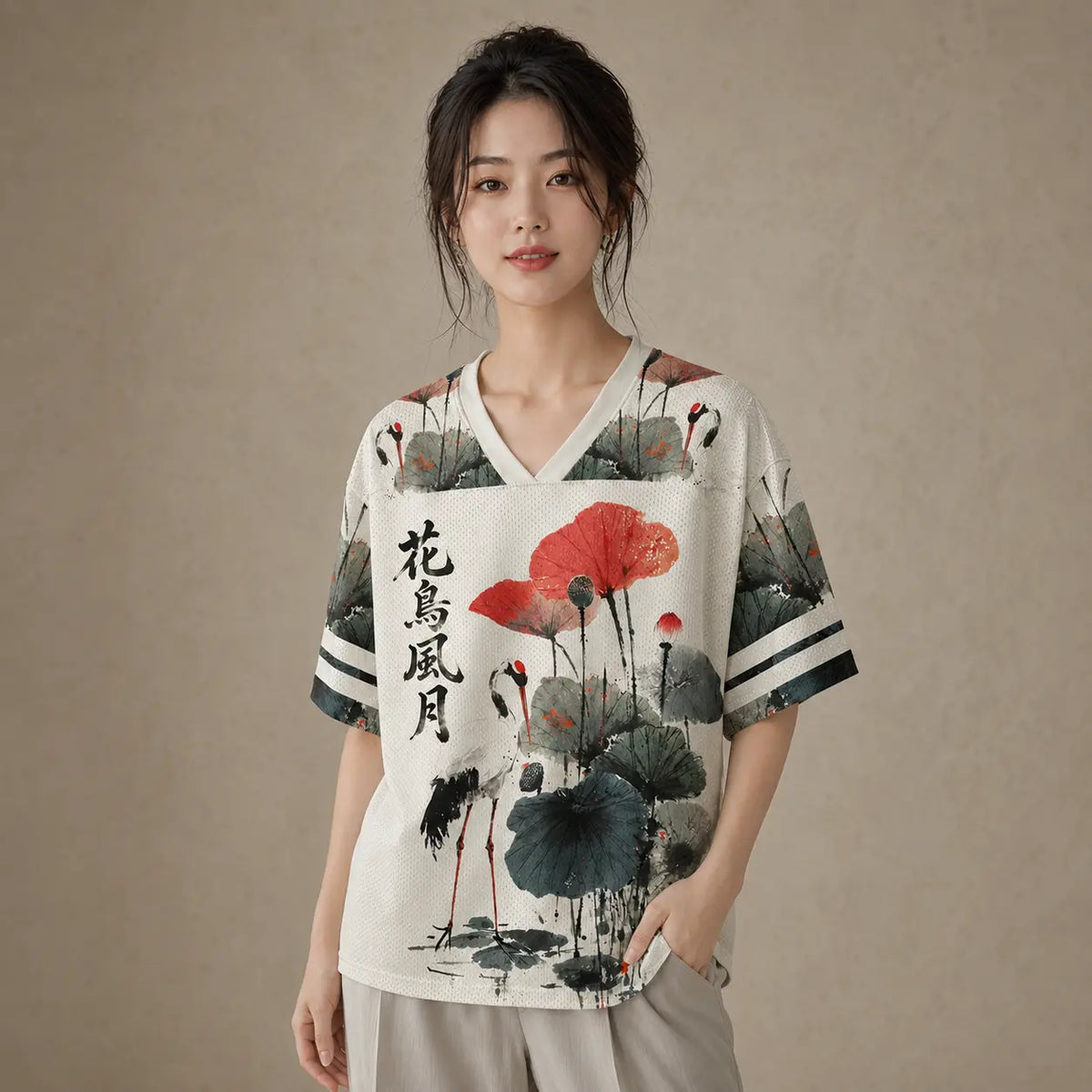 Japan Crane Lotus Kanji Jersey Shirt Ink Wash Floral Chaosbornwear