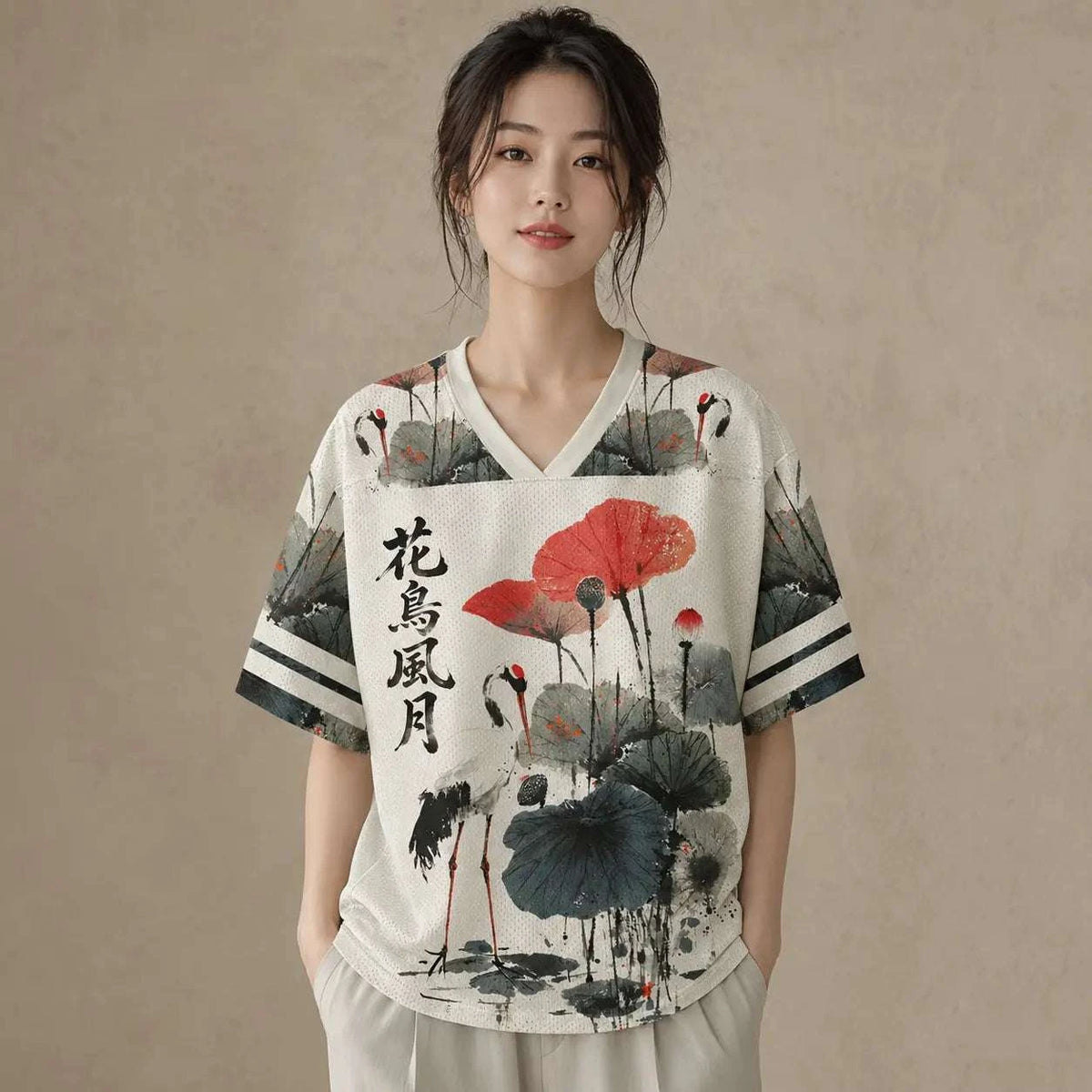 Japan Crane Lotus Kanji Jersey Shirt Ink Wash Floral Chaosbornwear