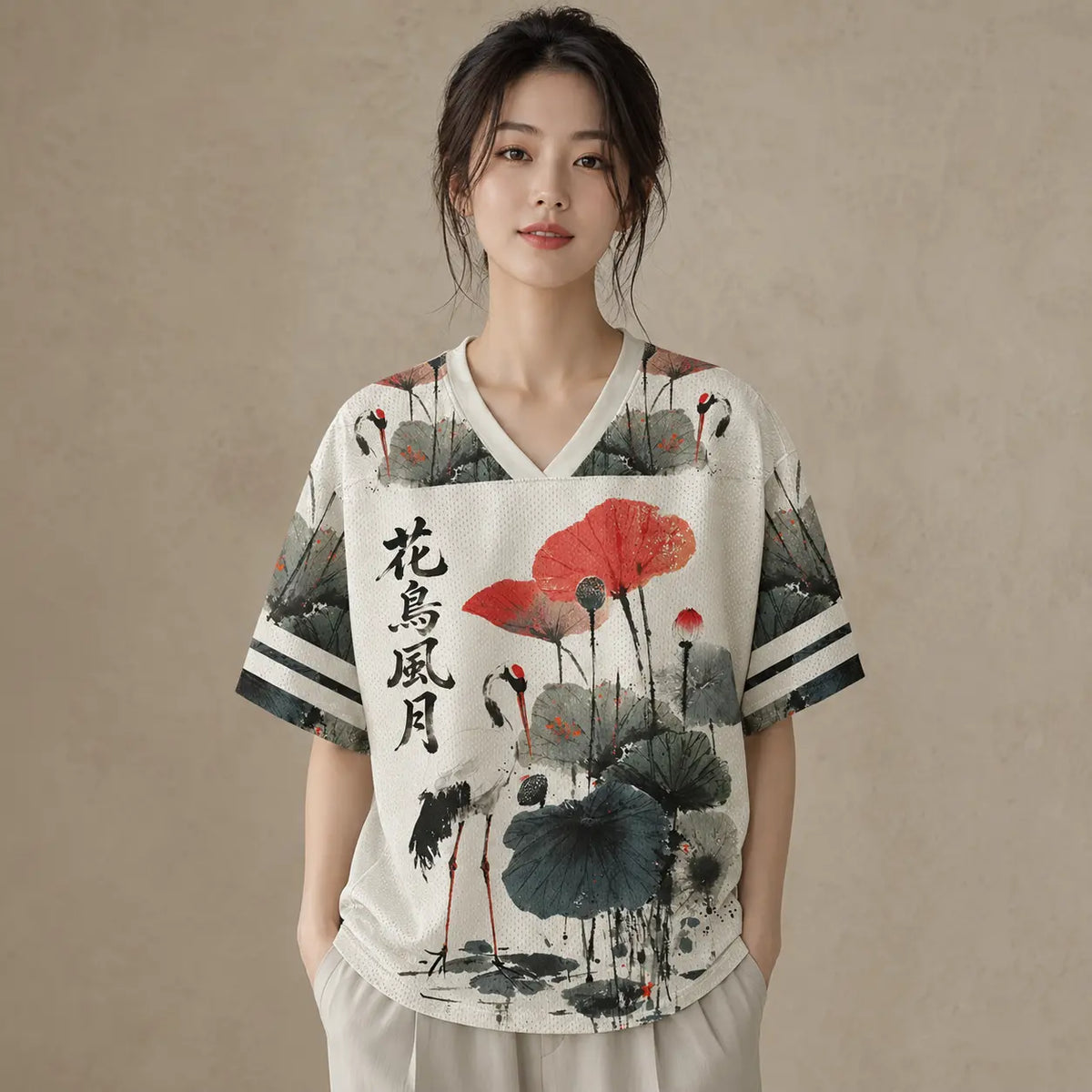 Japan Crane Lotus Kanji Jersey Shirt Ink Wash Floral Chaosbornwear