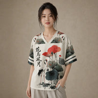 Japan Crane Lotus Kanji Jersey Shirt Ink Wash Floral Chaosbornwear