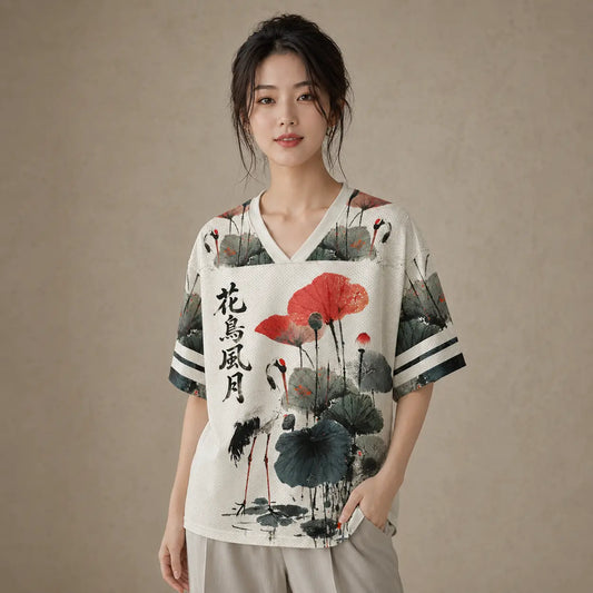 Japan Crane Lotus Kanji Jersey Shirt Ink Wash Floral Chaosbornwear