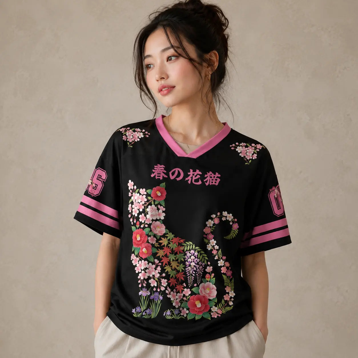 Japan Floral Cat Silhouette Kanji Jersey Shirt Sakura 06 Chaosbornwear