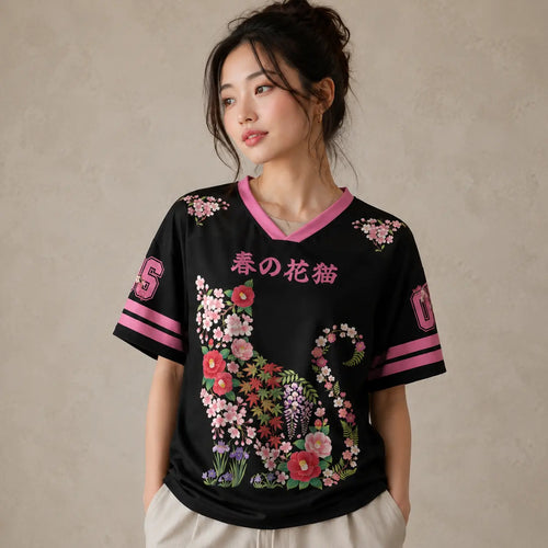 Japan Floral Cat Silhouette Kanji Jersey Shirt Sakura 06 Chaosbornwear