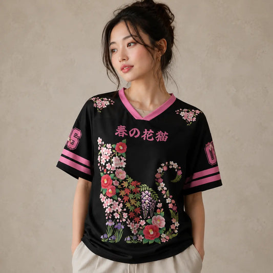 Japan Floral Cat Silhouette Kanji Jersey Shirt Sakura 06 Chaosbornwear