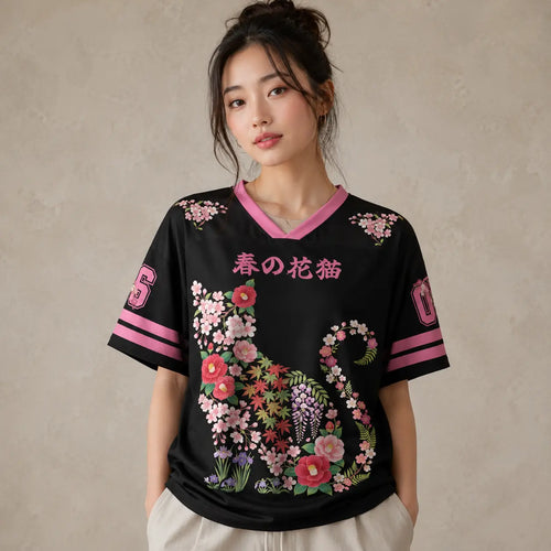 Japan Floral Cat Silhouette Kanji Jersey Shirt Sakura 06 Chaosbornwear