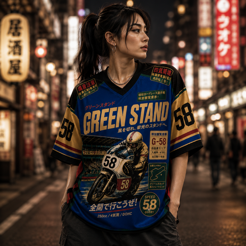 Person wearing a colorful jersey with 'Green Stand' branding in an urban setting