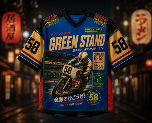 Motorcycle jersey with racing graphics and text on a blurred street background
