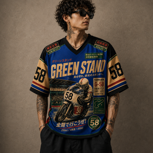Person wearing a vintage-style racing jersey with graphics and text on a brown background