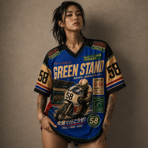 Person wearing a colorful sports jersey with 'Green Stand' branding on a brown background