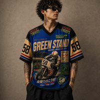 Person wearing a vintage-style racing jersey with graphics and text on a brown background