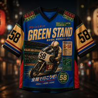 Motorcycle jersey with racing graphics and text on a blurred street background