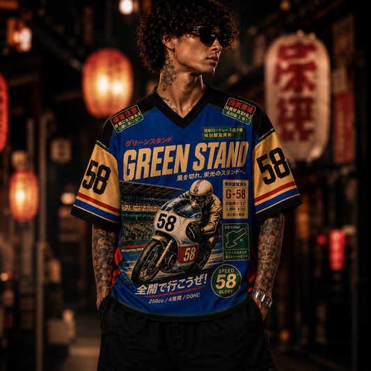 Person wearing a colorful jersey with 'Green Stand' and motorcycle graphics in an urban setting.