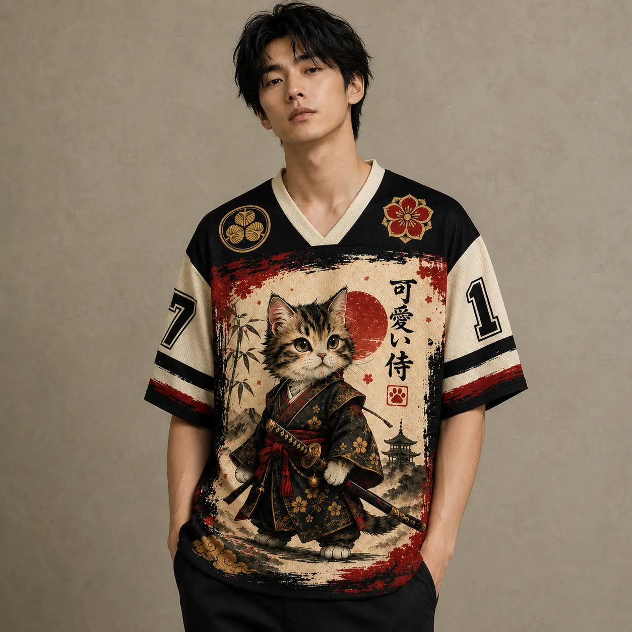Japan Kawaii Samurai Cat Bamboo Fuji Jersey Shirt Kanji 17 Chaosbornwear
