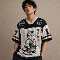 Japan Kawaii Samurai Cat Kanji Jersey Shirt Ink Brush 17 Chaosbornwear