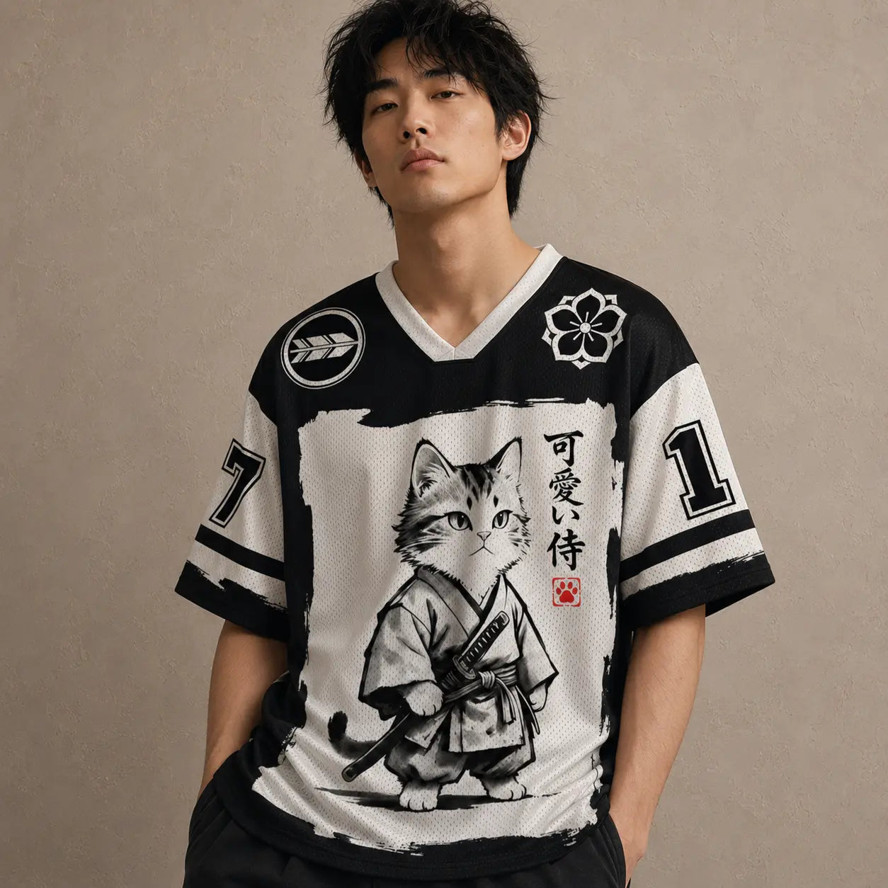 Japan Kawaii Samurai Cat Kanji Jersey Shirt Ink Brush 17 Chaosbornwear