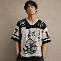 Japan Kawaii Samurai Cat Kanji Jersey Shirt Ink Brush 17 Chaosbornwear