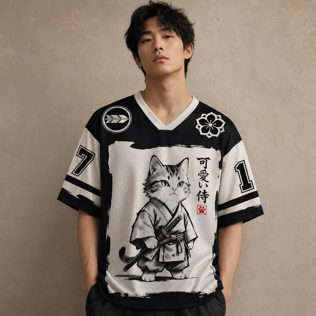 Japan Kawaii Samurai Cat Kanji Jersey Shirt Ink Brush 17 Chaosbornwear