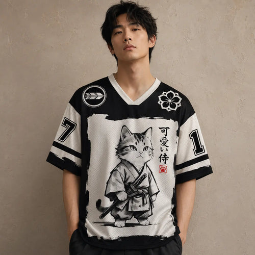 Japan Kawaii Samurai Cat Kanji Jersey Shirt Ink Brush 17 Chaosbornwear