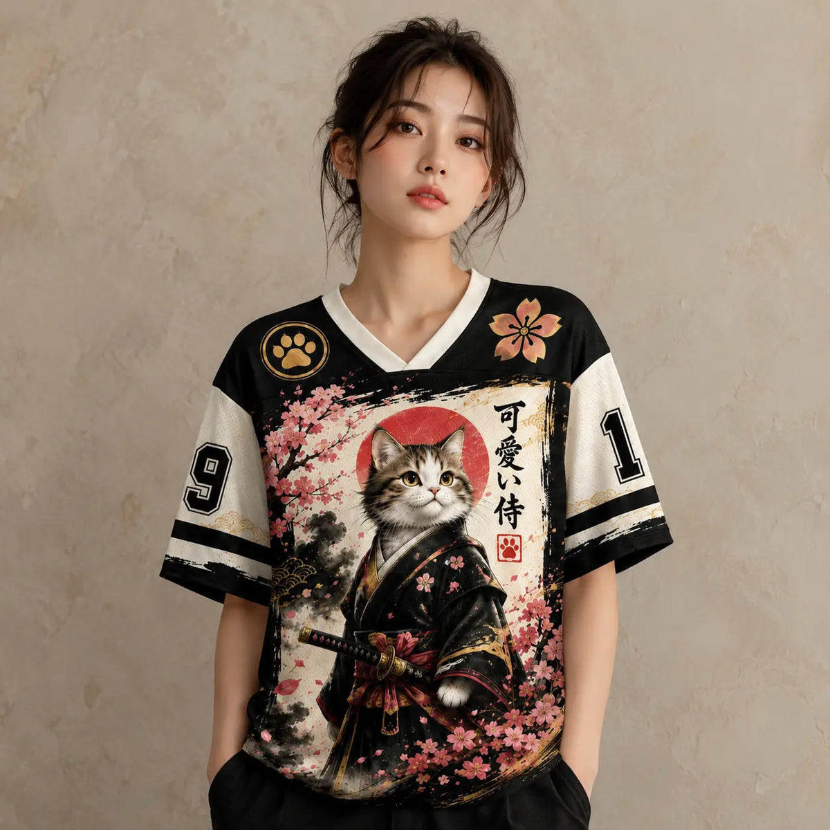 Japan Kawaii Samurai Cat Sakura Jersey Shirt Kanji Red Sun 19 Chaosbornwear