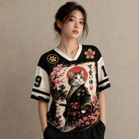Japan Kawaii Samurai Cat Sakura Jersey Shirt Kanji Red Sun 19 Chaosbornwear
