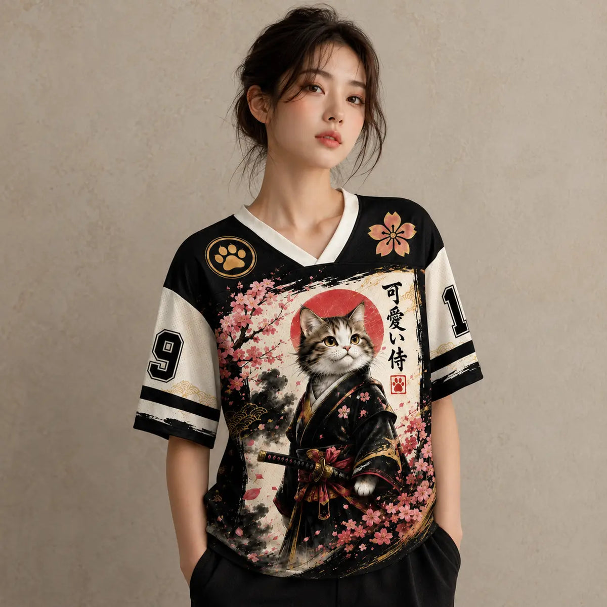 Japan Kawaii Samurai Cat Sakura Jersey Shirt Kanji Red Sun 19 Chaosbornwear