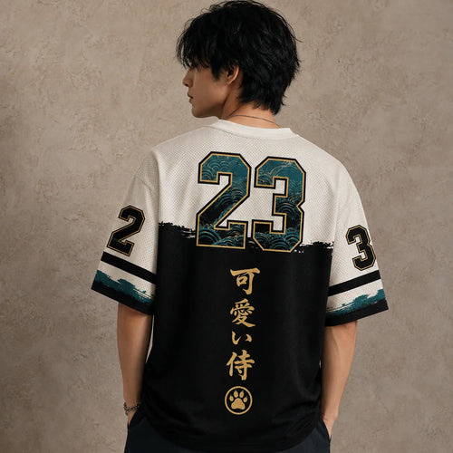 Japan Kawaii Samurai Cat Wave Bamboo Jersey Shirt Kanji 23 Chaosbornwear