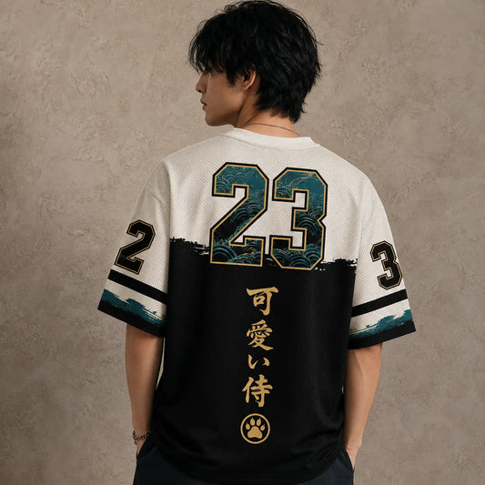 Japan Kawaii Samurai Cat Wave Bamboo Jersey Shirt Kanji 23 Chaosbornwear