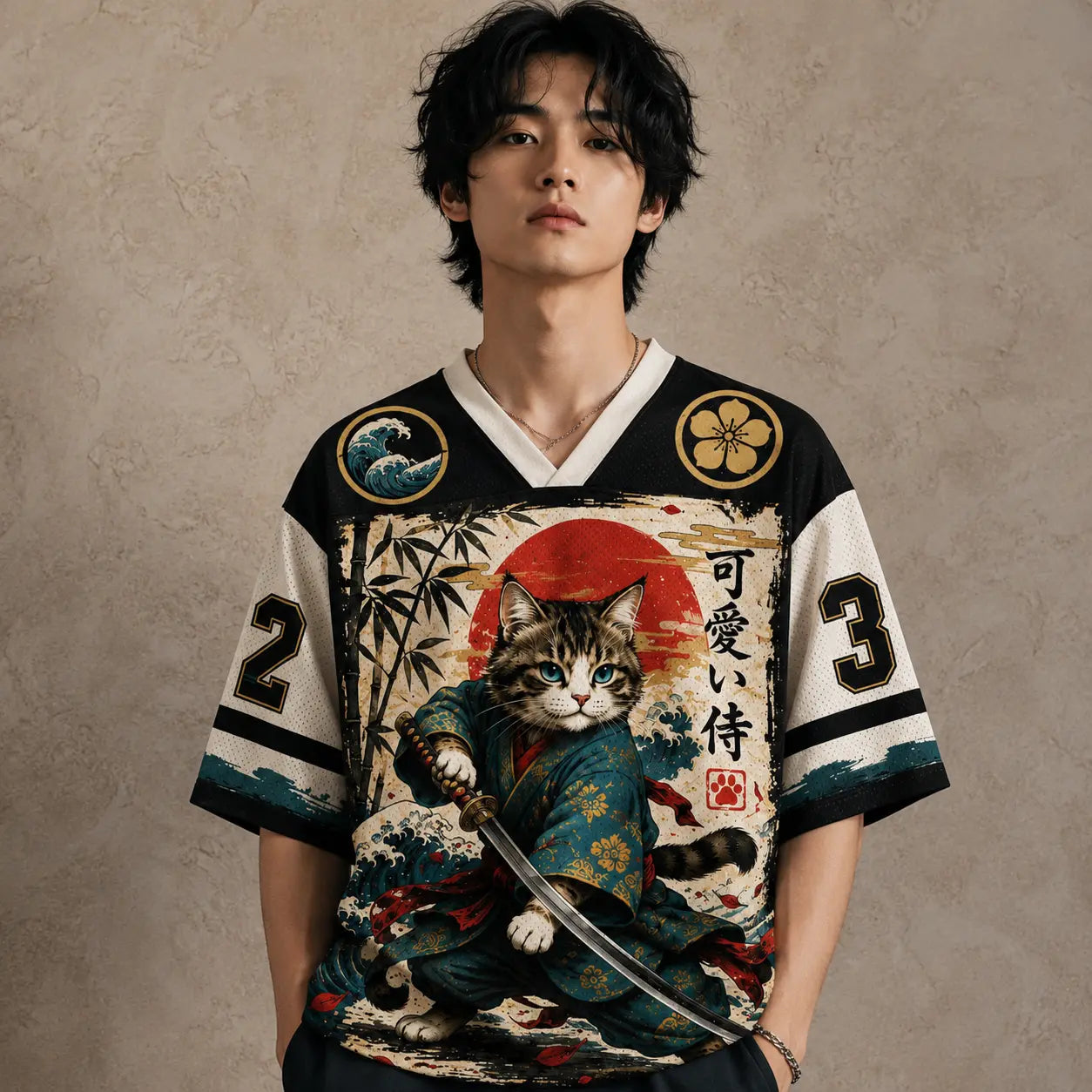 Japan Kawaii Samurai Cat Wave Bamboo Jersey Shirt Kanji 23 Chaosbornwear