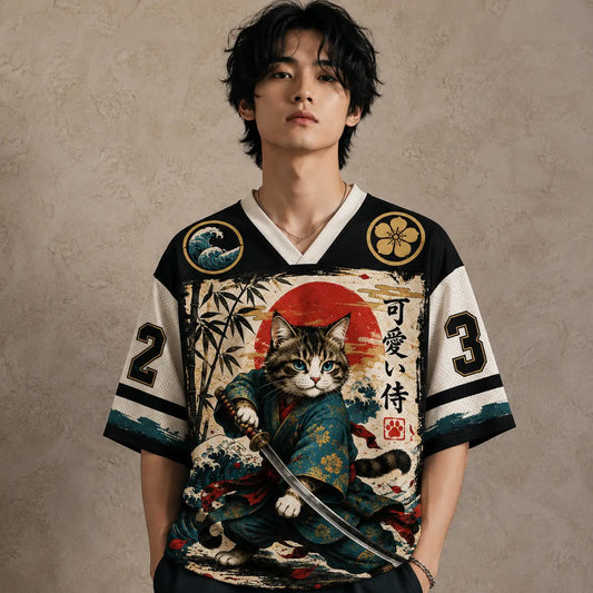 Japan Kawaii Samurai Cat Wave Bamboo Jersey Shirt Kanji 23 Chaosbornwear