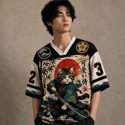 Japan Kawaii Samurai Cat Wave Bamboo Jersey Shirt Kanji 23 Chaosbornwear