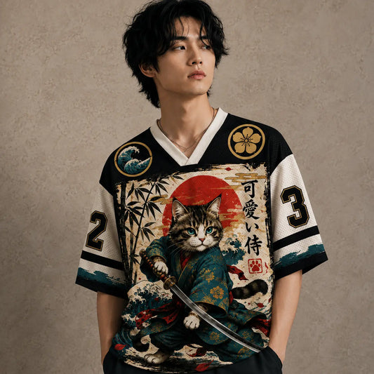 Japan Kawaii Samurai Cat Wave Bamboo Jersey Shirt Kanji 23 Chaosbornwear
