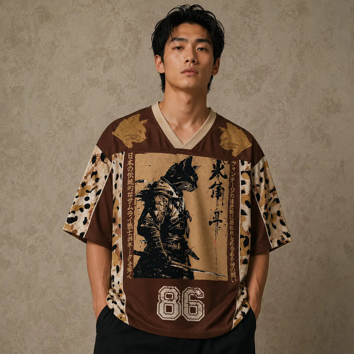 Japan Samurai Warrior Kanji Jersey Shirt Leopard Grunge 86 Chaosbornwear