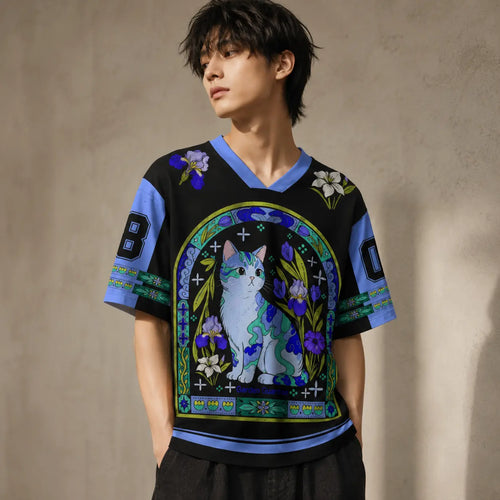 Japanese Cat Football Shirt Black Blue Garden Guardian Chaosbornwear