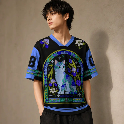 Japanese Cat Football Shirt Black Blue Garden Guardian Chaosbornwear