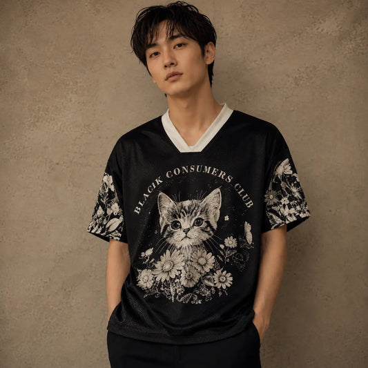 Japanese Cat Football Shirt Black Floral Soccer Jersey Chaosbornwear