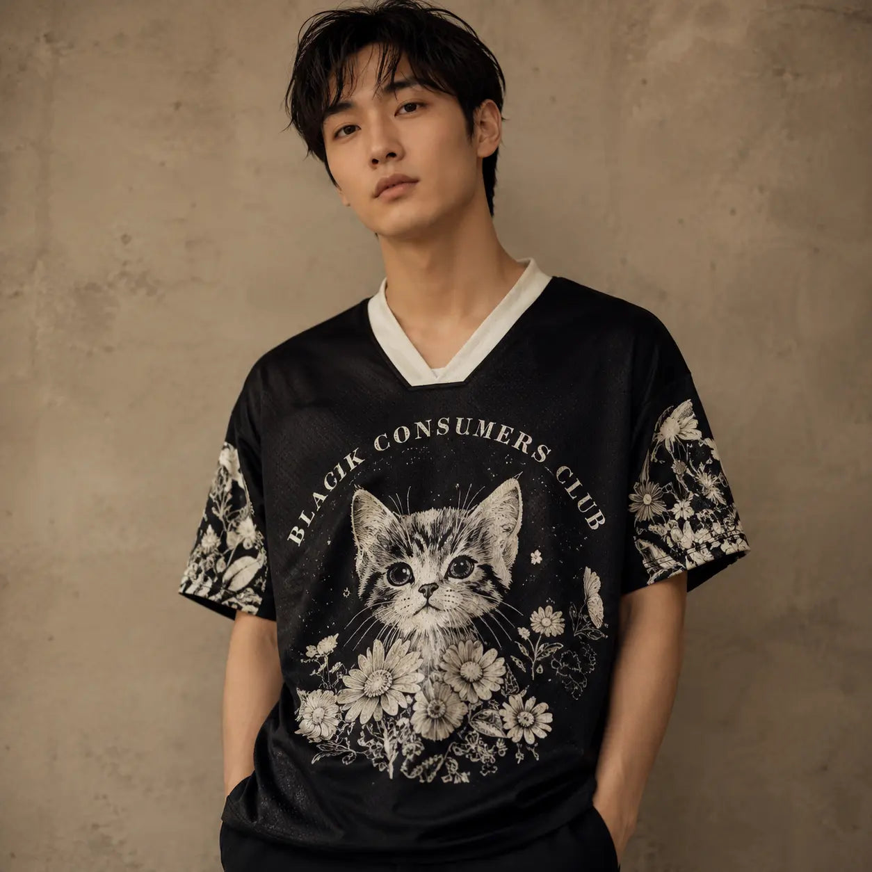 Japanese Cat Football Shirt Black Floral Soccer Jersey Chaosbornwear