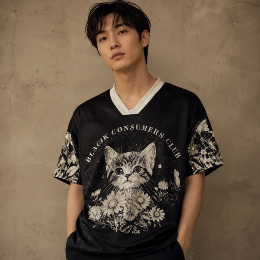 Japanese Cat Football Shirt Black Floral Soccer Jersey Chaosbornwear